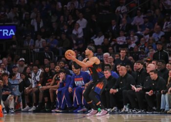 New York Knicks guard Josh Hart #3 shooting a 3-point shot in Game 2 of the NBA Eastern Conference Finals.
