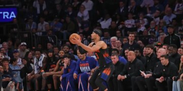 New York Knicks guard Josh Hart #3 shooting a 3-point shot in Game 2 of the NBA Eastern Conference Finals.