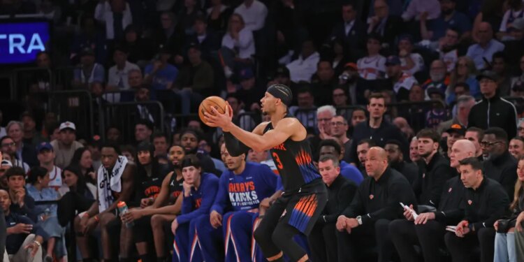 New York Knicks guard Josh Hart #3 shooting a 3-point shot in Game 2 of the NBA Eastern Conference Finals.