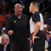 Knicks coach Mike Brown (l.) talks to a referee during the team's Game 3 loss to the Spurs in the NBA Finals on June 8, 2026.