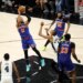 New York Knicks guard Jalen Brunson (11) shoots over San Antonio Spurs forward Victor Wembanyama (1) during Game 5 of the 2026 NBA Finals.