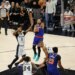 New York Knicks guard Jalen Brunson (11) goes up for a shot pass San Antonio Spurs guard Stephon Castle (5) during the fourth quarter of game 5 of the 2026 NBA Finals.
