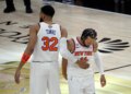 New York Knicks center Karl-Anthony Towns (32) greets New York Knicks guard Jalen Brunson (11) before the start of game 1 of the 2026 NBA Finals.