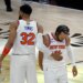 New York Knicks center Karl-Anthony Towns (32) greets New York Knicks guard Jalen Brunson (11) before the start of game 1 of the 2026 NBA Finals.