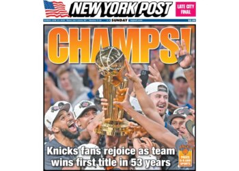 New York Post cover showing Knicks fans celebrating their team's first title in 53 years, with players holding the NBA championship trophy.
