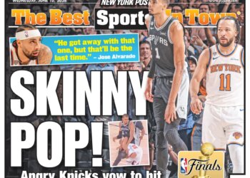 New York Post Sports section front page with a World Cup 2026 header and main headline "SKINNY POP!" about the NBA Finals between the Spurs and Knicks.
