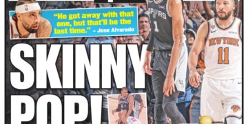 New York Post Sports section front page with a World Cup 2026 header and main headline "SKINNY POP!" about the NBA Finals between the Spurs and Knicks.