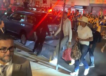An object is thrown at Spurs' star Victor Wembanyama as he walked from the team bus to the Ritz-Carlton New York, NoMad after Game 4 of the NBA Finals on June 11, 2026.