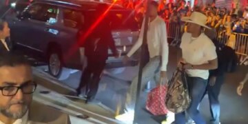 An object is thrown at Spurs' star Victor Wembanyama as he walked from the team bus to the Ritz-Carlton New York, NoMad after Game 4 of the NBA Finals on June 11, 2026.