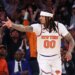 New York Knicks guard Jordan Clarkson #00 reacts after hitting a three-point shot.
