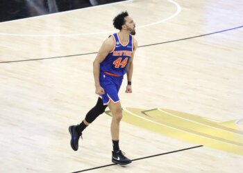 New York Knicks guard Landry Shamet #44 reacts after scoring during the fourth quarter.