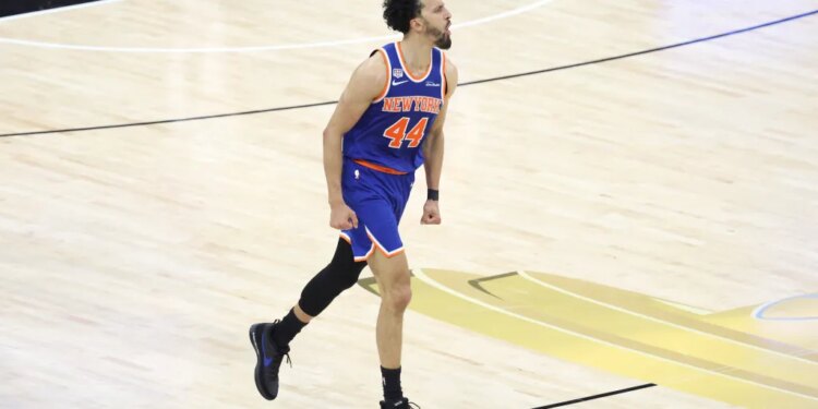 New York Knicks guard Landry Shamet #44 reacts after scoring during the fourth quarter.