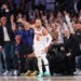 New York Knicks guard Jalen Brunson #11 reacts after hitting a three-point shot in Game 3 of the 2026 NBA Finals.