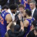 Karl-Anthony Towns and Jalen Brunson celebrate after the Knicks' Game 2 win over the Spurs.