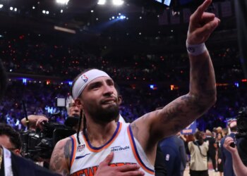 A celebrating Jose Alvarado point to the stands after the Knicks' historic 107-106 comeback win over the Spurs in Game 4 of the NBA Finals on June 10, 2026 at the Garden.