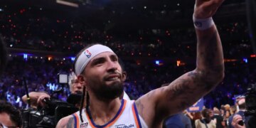 A celebrating Jose Alvarado point to the stands after the Knicks' historic 107-106 comeback win over the Spurs in Game 4 of the NBA Finals on June 10, 2026 at the Garden.
