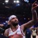 A celebrating Jose Alvarado point to the stands after the Knicks' historic 107-106 comeback win over the Spurs in Game 4 of the NBA Finals on June 10, 2026 at the Garden.