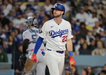 Los Angeles Dodgers right fielder Kyle Tucker reacts to striking out against the Miami Marlins.