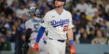 Los Angeles Dodgers right fielder Kyle Tucker reacts to striking out against the Miami Marlins.