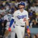 Los Angeles Dodgers right fielder Kyle Tucker reacts to striking out against the Miami Marlins.