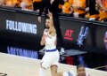 New York Knicks guard Landry Shamet #44 reacts after scoring during the first quarter.