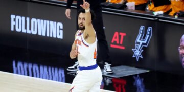 New York Knicks guard Landry Shamet #44 reacts after scoring during the first quarter.