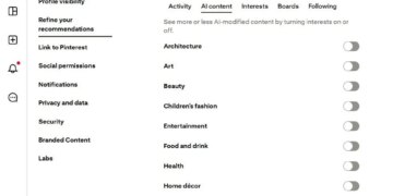 A screenshot of the recommendation refinement options in Pinterest’s user settings.