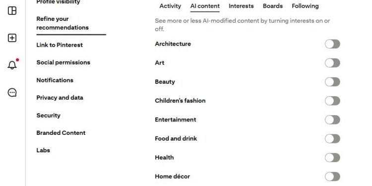 A screenshot of the recommendation refinement options in Pinterest’s user settings.