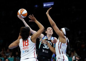 New York Liberty forward Breanna Stewart looks to put up a shot past a defending Washington Mystics defense in the first half at the Barclays Center in Brooklyn, New York, USA, Friday, June 19, 2026.