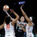 New York Liberty forward Breanna Stewart looks to put up a shot past a defending Washington Mystics defense in the first half at the Barclays Center in Brooklyn, New York, USA, Friday, June 19, 2026.