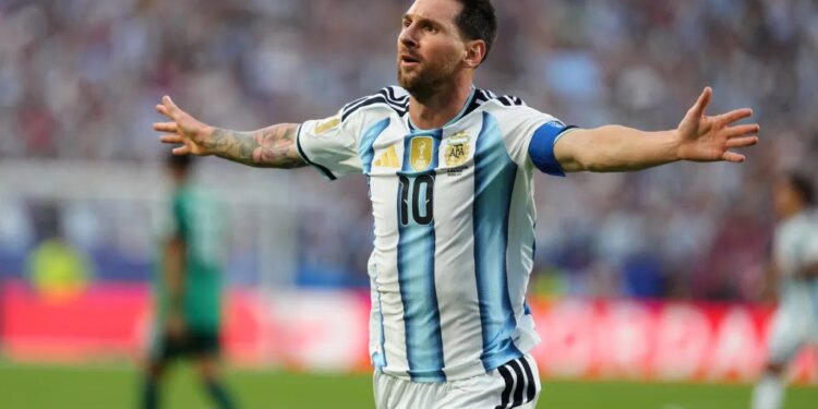 Lionel Messi celebrating a goal during a World Cup match.