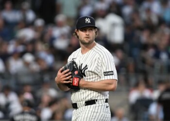 New York Yankees pitcher Gerrit Cole stands on the mound.