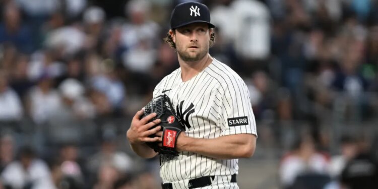 New York Yankees pitcher Gerrit Cole stands on the mound.