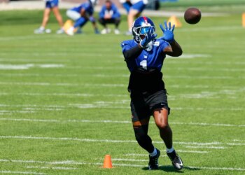 New York Giants wide receiver Malik Nabers (1) during football practice, Thursday, Sept.18, 2025, in East Rutherford, N.J.