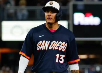 Manny Machado on the bases after reaching safely for the Padres.