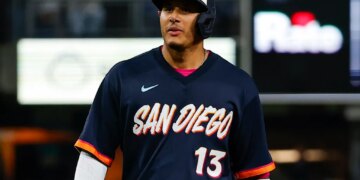 Manny Machado on the bases after reaching safely for the Padres.