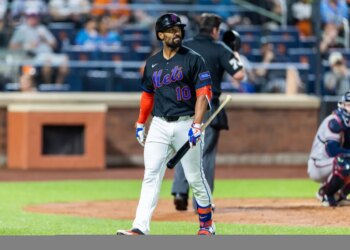 New York Mets second baseman Marcus Semien (10) reacts after he strikes out.