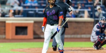 New York Mets second baseman Marcus Semien (10) reacts after he strikes out.
