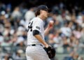 Max Fried reacts on the mound during the fifth inning in The Bronx, New York, USA, Sunday, May 03, 2026.