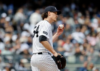 Max Fried reacts on the mound during the fifth inning in The Bronx, New York, USA, Sunday, May 03, 2026.