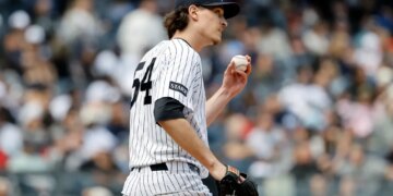 Max Fried reacts on the mound during the fifth inning in The Bronx, New York, USA, Sunday, May 03, 2026.