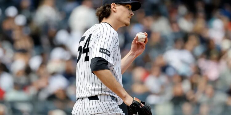 Max Fried reacts on the mound during the fifth inning in The Bronx, New York, USA, Sunday, May 03, 2026.