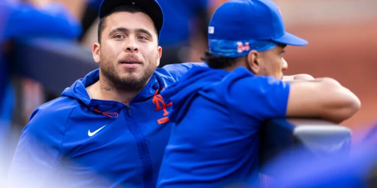 New York Mets player Francisco Alvarez in the dugout wearing a blue hoodie and cap.