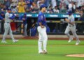 Mets starter Kodai Senga (c.) reacts after giving up a three-run against the Cubs on June 23, 2026.