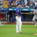 Mets starter Kodai Senga (c.) reacts after giving up a three-run against the Cubs on June 23, 2026.
