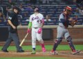 Mets catcher Francisco Alvarez (4) strikes out to end the game during the ninth inning when the New York Mets played the St. Louis Cardinals Wednesday, June 10, 2026.