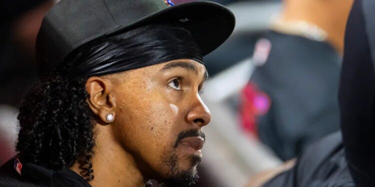 Close-up of New York Mets shortstop Francisco Lindor in the dugout.