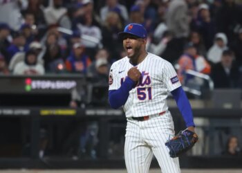 New York Mets pitcher Freddy Peralta (51) reacting after ending the sixth inning against the Detroit Tigers.