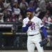 New York Mets pitcher Freddy Peralta (51) reacting after ending the sixth inning against the Detroit Tigers.