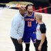 Knicks head coach Mike Brown (l.) and guard Jalen Brunson (11) talks to a referee during Game 5 of the NBA Finals against the Spurs on June 13, 2026.